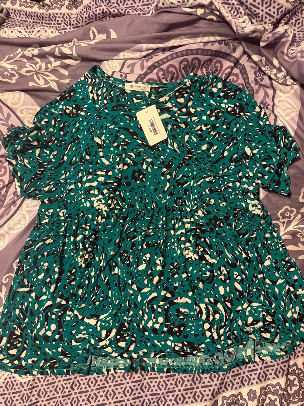 Bombom Teal Black and Cream Animal-Print Peplum Top